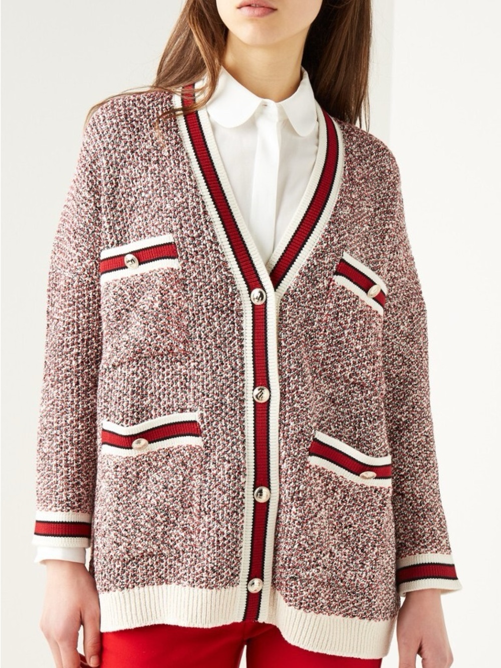 Maje Mapada Marled Red and White Knit Button-Front Cardigan - Tweed Look - Sz 1 - Picture 9 of 9